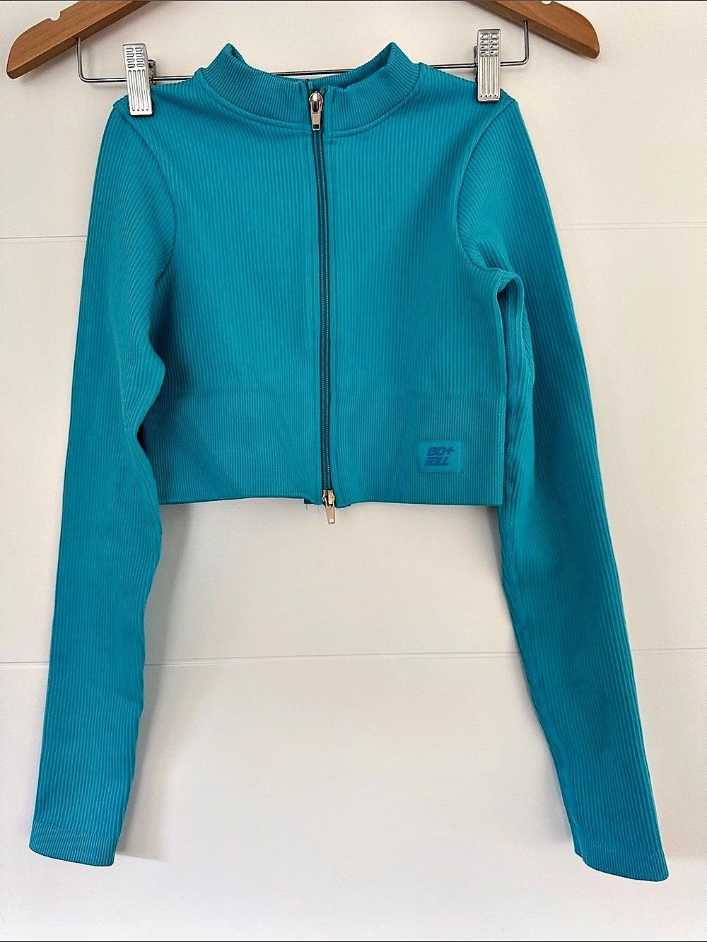 Bo + Tee Ribbed Cropped Zip Hoodie in Blue Size XS